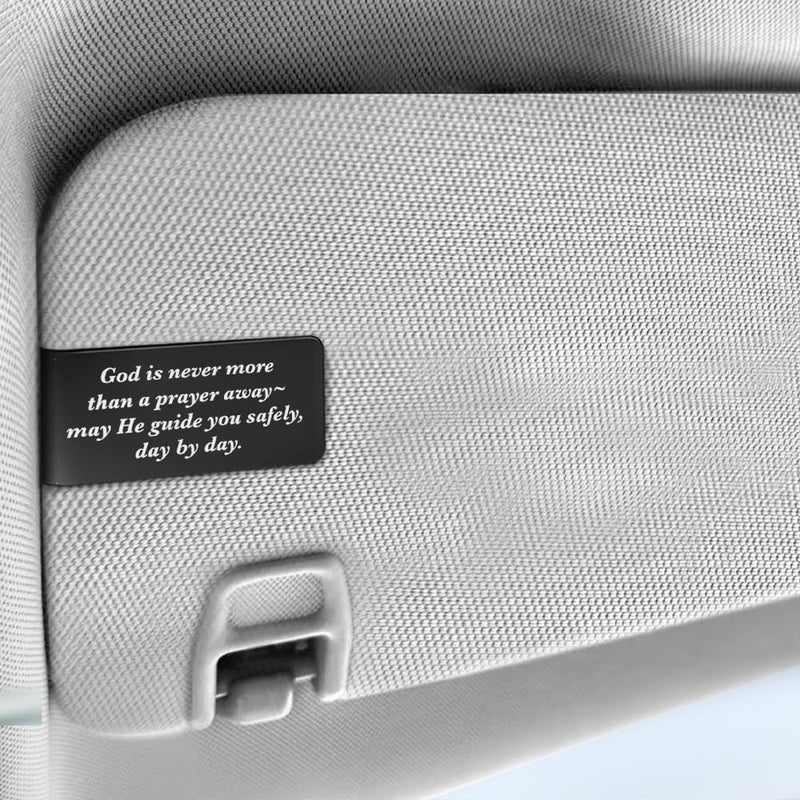 PUVOXHO God is Never More Than A Prayer Away Black Engraved Stainless Steel Car Visor Clip, Religious Visor Clips for Cars, New Driver Gifts, Safety Prayer Thank You Gifts for Dad Mom Family Friend - Image 3
